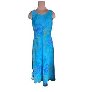 Studio I Blue Floral Midi Dress Size14 Sheer Overlay Tropical summerLightweight